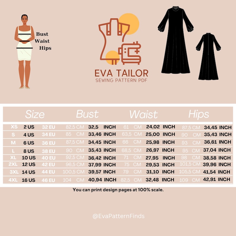 May include: A size chart for a sewing pattern, showing bust, waist, and hip measurements in both inches and centimeters. The chart includes sizes XS to 4XL, with corresponding US and EU sizes.