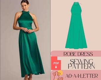 Halter Neck Satin Evening Dress Sewing Pattern Prom Dress Bridesmaid Dress