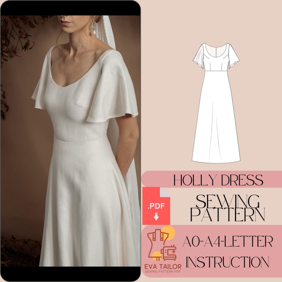 a line wedding dress sewing patterns Wedding Dress Sewing Pattern With Detachable Train (PDF Digital Download, 5 Sizes XS-XL, A4 Print-at-home/ A0 Plotter Format)