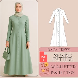 May include: A long-sleeved, button-down dress in a soft green color, paired with a matching handbag and head covering. The image also features a sewing pattern diagram and text that reads "Dara Dress Sewing Pattern".