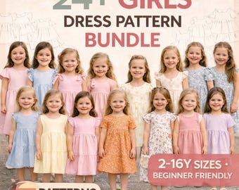 Lot de 24 patrons de couture de robes pour filles, tailles 2-16 ans (téléchargement PDF)