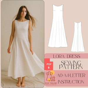 May include: A white sleeveless Lora dress. The image shows a woman wearing the dress, and a diagram of the dress. The text on the image says "LORA DRESS SEWING PATTERN". The dress has a boat neck and a flowing skirt.