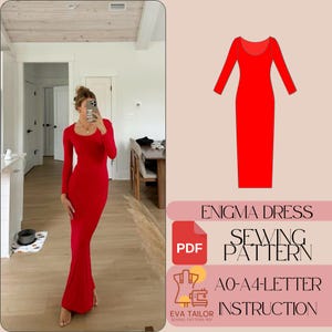 May include: A PDF sewing pattern for a red Enigma dress. The pattern includes instructions for sizes AO-A4. The pattern is available for download.