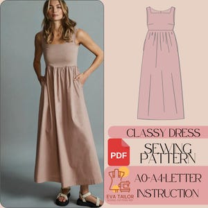 Pode incluir: Um padrão de costura para um vestido elegante com decote quadrado e cintura franzida. O padrão inclui instruções e está disponível para download em PDF.