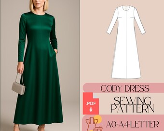 Long Sleeve Satin Evening Dress Sewing Pattern, Modest Style (PDF Pattern)