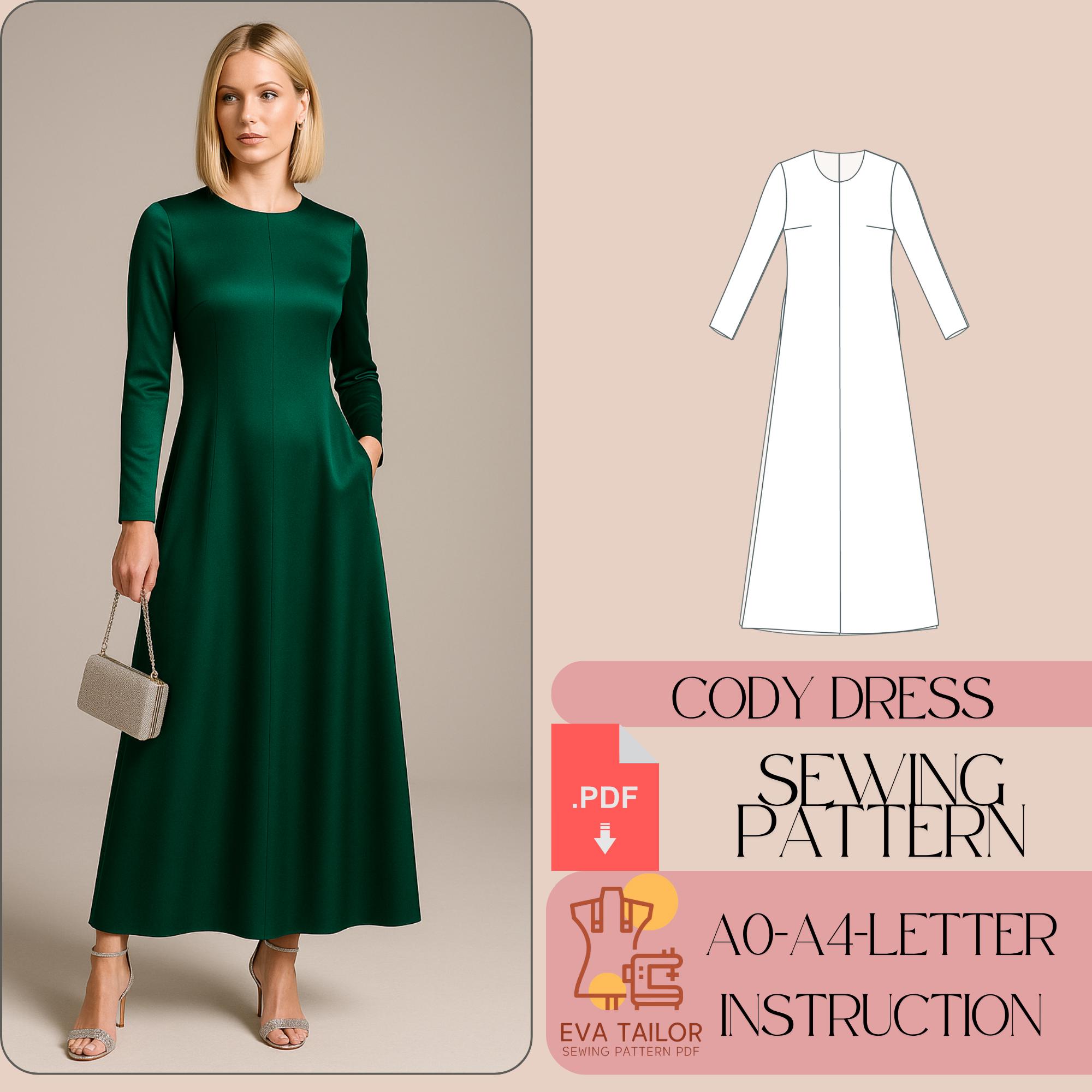 Long Sleeve Satin Evening Dress Sewing Pattern, Modest Style (PDF Pattern)