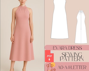 Halter Neck Midi Dress Sewing Pattern, Easy Cottagecore Style (PDF)