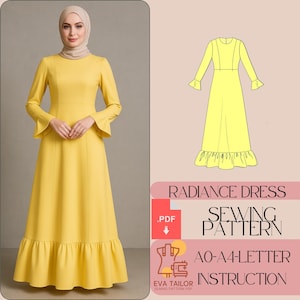 May include: A sewing pattern for a yellow radiance dress with long sleeves and a ruffled hem. The pattern includes instructions for sizes AO-A4. The pattern is available as a PDF download.