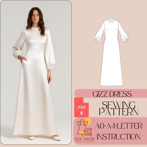May include: A long, ivory-colored dress with a high neckline and long sleeves with puffed shoulders. The dress has pockets and a flowing skirt. The image also includes a sewing pattern diagram and text that reads "GIZZ DRESS SEWING PATTERN".