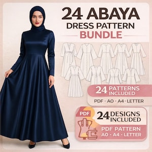 Puede incluir: Una mujer con un vestido abaya azul marino. La imagen incluye el texto "24 ABAYA DRESS PATTERN BUNDLE" y "24 PATTERNS INCLUDED". El vestido tiene mangas largas y una falda fluida. También se muestran ilustraciones de varios diseños de abaya.