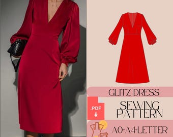 May include: A vibrant red dress with a V-neck and long, voluminous sleeves. The dress has a midi length and a flowing silhouette. The image also includes a sewing pattern with the text "GLITZ DRESS SEWING PATTERN" and "AO-A4-LETTER INSTRUCTION".
