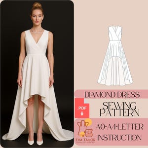 May include: A white sleeveless high-low dress with a V-neckline. The dress has a fitted bodice and a flowing skirt. The skirt is shorter at the front and longer at the back. The dress is shown on a model. The image also includes text that says "Diamond Dress Sewing Pattern AO-A4-Letter Instruction".