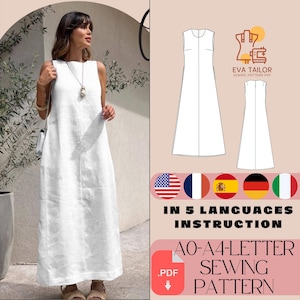 Patrón de vestido de lino, patrón de costura largo de verano digital (PDF)