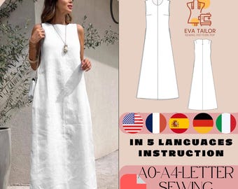 Linen Sleeveless Summer Dress Sewing Pattern (US 2-30) (PDF Pattern)