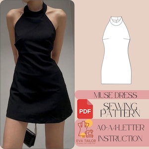 Op de afbeelding: Een digitaal naaipatroon voor een halterjurk, met de naam "Muse Dress Sewing Pattern". Het patroon bevat instructies voor maten AO-A4. Het patroon wordt weergegeven op een witte achtergrond met een zwarte omtrek.