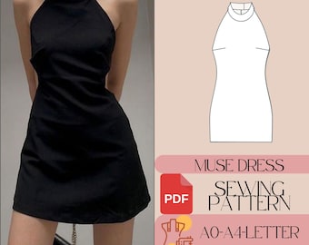 Muse Halter Neck Mini Dress Sewing Pattern, Halter Neck Evening Dress Pattern, PDF Digital Sewing Pattern