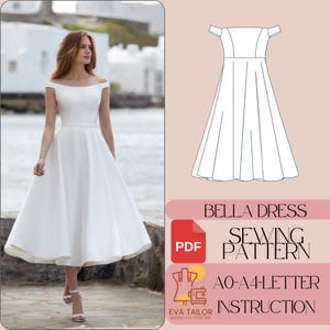 Peut inclure: Une robe blanche à épaules dénudées avec une jupe ample. La robe est présentée sur un mannequin debout sur une plage. L'image comprend également un dessin au trait de la robe et du texte qui dit "Bella Dress Sewing Pattern AO-A4-Letter Instruction Eva Tailor Sewing Pattern PDF".