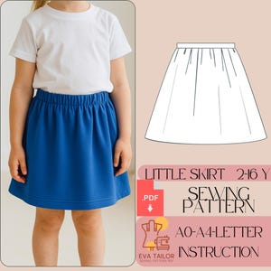 May include: A young person wearing a white t-shirt and a blue skirt. The skirt has an elastic waistband. The image also shows a sewing pattern for a little skirt, sizes 2-16 years, with PDF instructions.