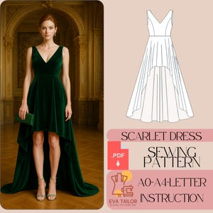 May include: A woman in a dark green velvet dress with a high-low hemline and a V-neck. She holds a matching clutch. The image also shows a line drawing of the dress and text that reads "SCARLET DRESS SEWING PATTERN".