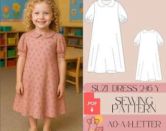 Patrón de costura para vestido de cuello Peter Pan para niñas (PDF)