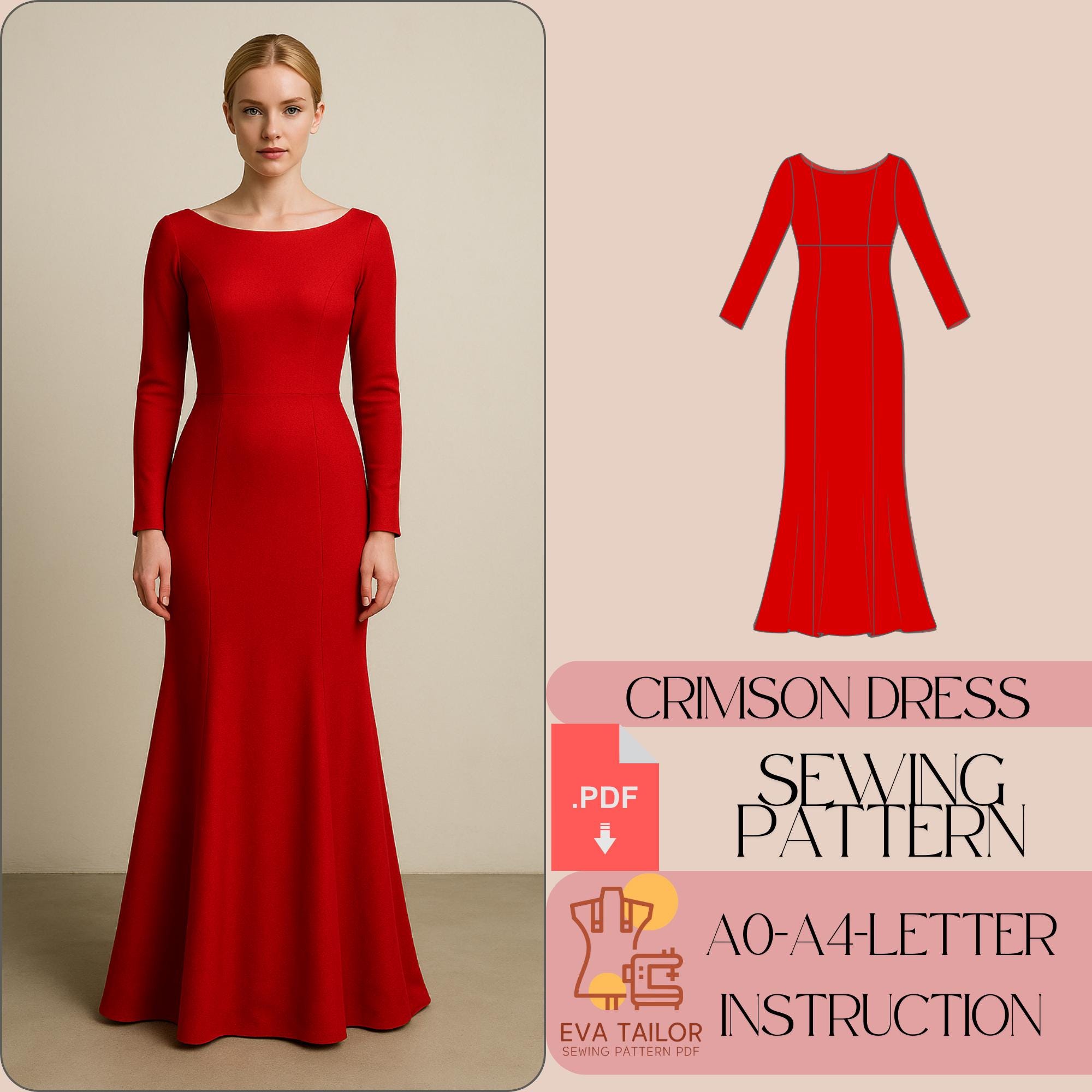 long sleeve evening dress pattern Eva Formal Dress Sewing Pattern