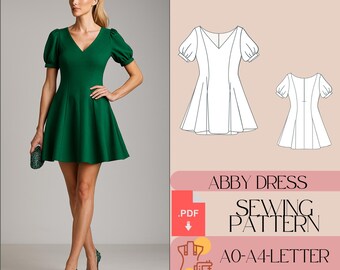May include: A green V-neck dress with short, puffed sleeves and a flared skirt. The image also shows a sewing pattern diagram and text that reads "ABBY DRESS SEWING PATTERN" and "AO-A4-LETTER INSTRUCTION".