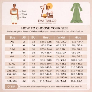May include: A size chart from Eva Tailor Sewing Pattern PDF, with measurements for bust, waist, and hips in centimetres. The chart includes sizes from XS to 4XL-5XL, with a tip to choose size based on bust measurement.