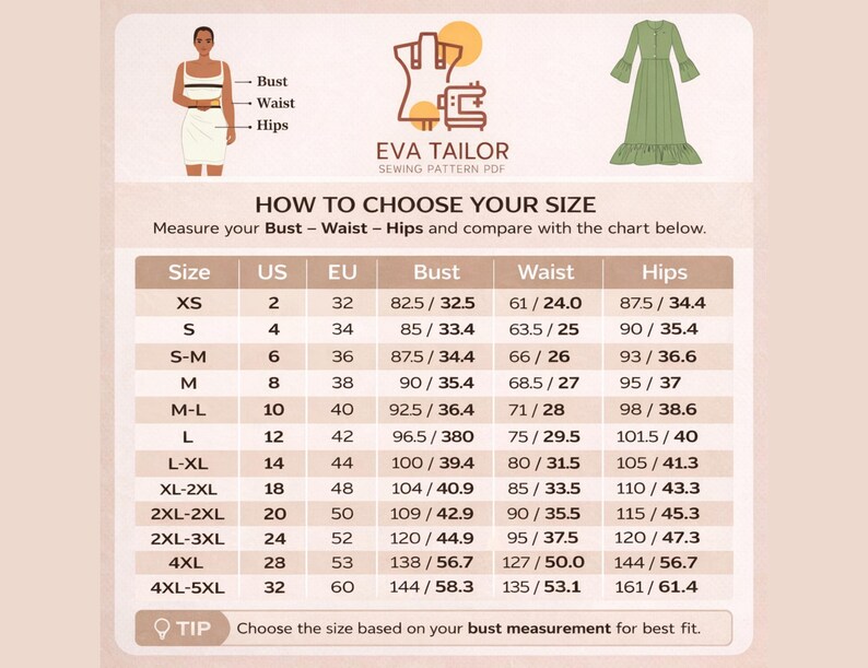 May include: A size chart from Eva Tailor Sewing Pattern PDF, with measurements for bust, waist, and hips in centimetres. The chart includes sizes from XS to 4XL-5XL, with a tip to choose size based on bust measurement.