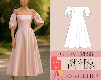 Off Shoulder Puff Sleeve Dress Sewing Pattern (PDF)