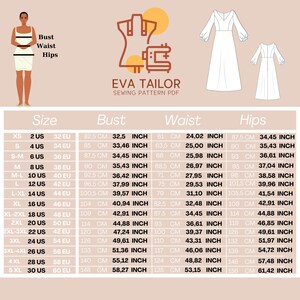 Puede incluir: Una tabla de tallas para un patr&oacute;n de costura con medidas en pulgadas y cent&iacute;metros para el busto, la cintura y las caderas. La tabla incluye las tallas XS a 5XL, con las tallas US y EU correspondientes.