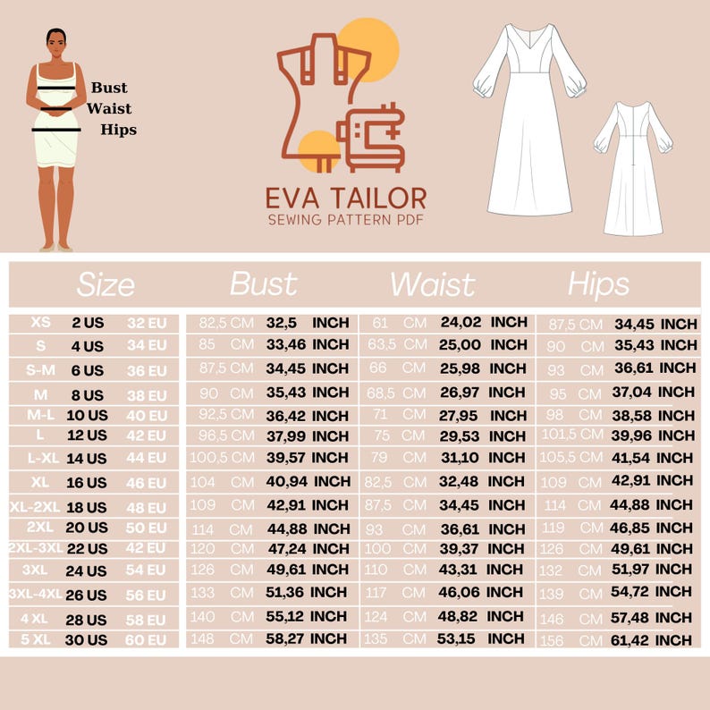 Puede incluir: Una tabla de tallas para un patr&oacute;n de costura con medidas en pulgadas y cent&iacute;metros para el busto, la cintura y las caderas. La tabla incluye las tallas XS a 5XL, con las tallas US y EU correspondientes.