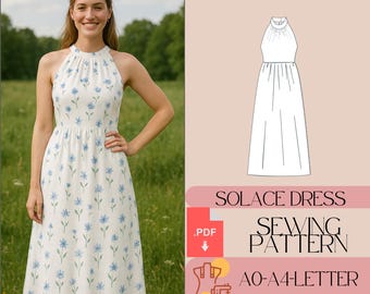 Halter Neck Cottagecore Dress Sewing Pattern Gathered Summer Dresses Pattern