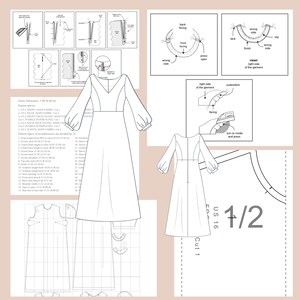 Puede incluir: Un patr&oacute;n de costura en blanco y negro para un vestido con mangas largas y cuello en V. El patr&oacute;n incluye instrucciones para cortar y coser el vestido. El patr&oacute;n est&aacute; etiquetado como "US 16, Cut 1, 1/2".