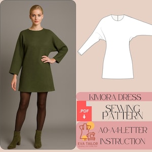 Pode incluir: Uma mulher usa um vestido verde-oliva com mangas compridas e decote barco, combinado com collants pretas e botins verde-oliva. Um diagrama de padrão de costura e o texto "KIMORA DRESS SEWING PATTERN" também são exibidos.
