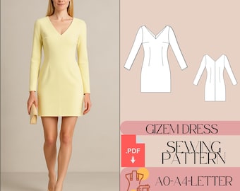 Mini Evening Dress Sewing Pattern, Deep V Neck (PDF)