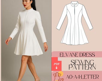 Patron de couture de robe Elvane, manches longues au-dessus du genou (PDF)