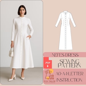 Może przedstawiać: Kobieta w białej sukience z długim rękawem, stójką i zapięciem na guziki. Sukienka ma kieszenie i rozkloszowaną spódnicę. Widoczny jest również schemat wykroju i tekst "NEFES DRESS SEWING PATTERN".