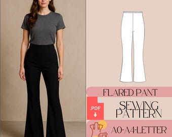 Flared Leg High Waist Pant Sewing Pattern, Retro Trousers Guide (Digital PDF Pattern)