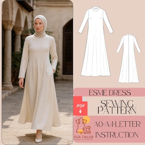 May include: A woman wearing a long-sleeved, cream-colored dress with a matching head covering. The dress has a high neckline and pockets. The image also includes a sewing pattern diagram with the text "ESME DRESS SEWING PATTERN".
