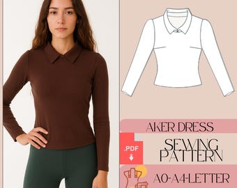 May include: A woman wearing a long-sleeved brown shirt with a collar and dark green leggings. Next to her is a white illustration of a long-sleeved shirt with a collar. The image includes text that reads "AKER DRESS SEWING PATTERN".