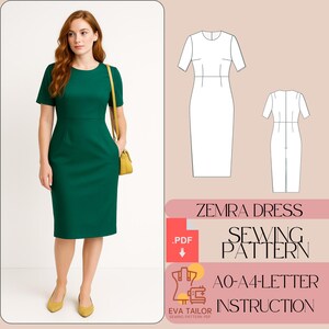 May include: A woman in a green dress with short sleeves and a round neck. The dress has a fitted bodice and a pencil skirt. A yellow handbag hangs from her shoulder. The image also shows a sewing pattern for the "ZEMRA DRESS".