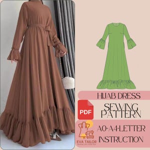 May include: A PDF sewing pattern for a hijab dress with a ruffled hem and long sleeves. The pattern includes instructions for sizes AO-A4. The pattern is illustrated with a green dress.
