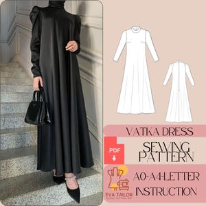 May include: A sewing pattern for a Vatka dress with puff sleeves. The pattern includes instructions for sizes AO-A4. The pattern is available as a PDF download.