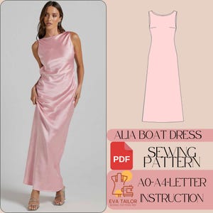 May include: A pink satin boat neck dress sewing pattern with instructions. The pattern is for sizes AO-A4. The pattern is available as a PDF download.