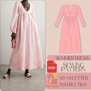 Puede incluir: Un vestido de verano rosa claro con cuello en V y mangas largas. La imagen también incluye un patrón de costura con el texto "SUMMER DRESS SEWING PATTERN PDF" y "AO-A4-LETTER INSTRUCTION".