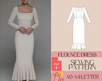 Flounce Evening Dress Sewing Pattern: Long Sleeve Pencil Dress (PDF)
