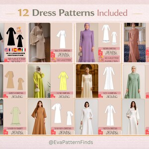 May include: An image showcasing 12 dress patterns, each accompanied by a photograph of a woman modelling the dress. The text "12 Dress Patterns Included" is displayed at the top. The patterns feature diverse styles and colours.