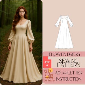 Op de afbeelding: Een naaipatroon voor een lange, vloeiende jurk met een ronde hals en lange, gepofte mouwen. Het patroon bevat instructies voor maten AO-A4 en is beschikbaar als PDF-download. Het patroon heet "Elowen Dress Sewing Pattern".