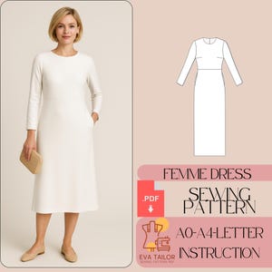 Op de afbeelding: Een vrouw draagt een wit, knielang kleed met lange mouwen en zakken, met een beige clutch. De afbeelding toont ook een jurkpatroon en de tekst "FEMME DRESS SEWING PATTERN" en "AO-A4-LETTER INSTRUCTION".