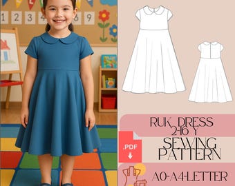 Patrón de costura para vestido con cuello Peter Pan, costura fácil para niña (PDF)